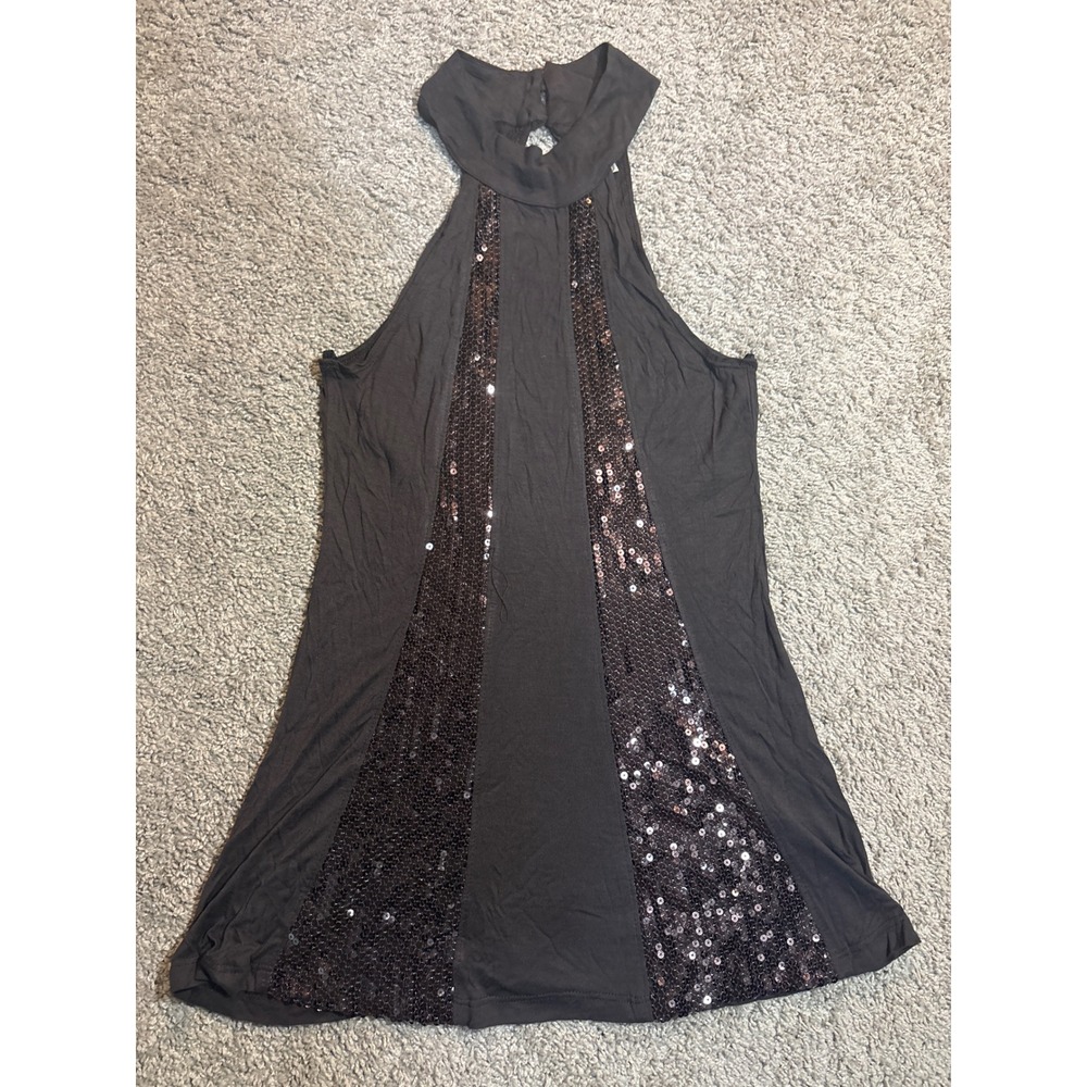 Shelly Sequin Halter Top Charcoal Gray Sleeveless Keyhole Back Rayon Small T3386